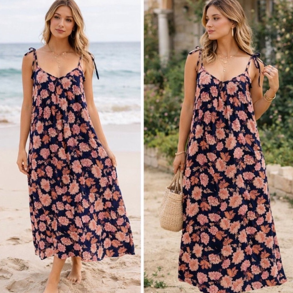 Old Navy Floral Print Tie Shoulder Tasseled Swing Maxi Dress